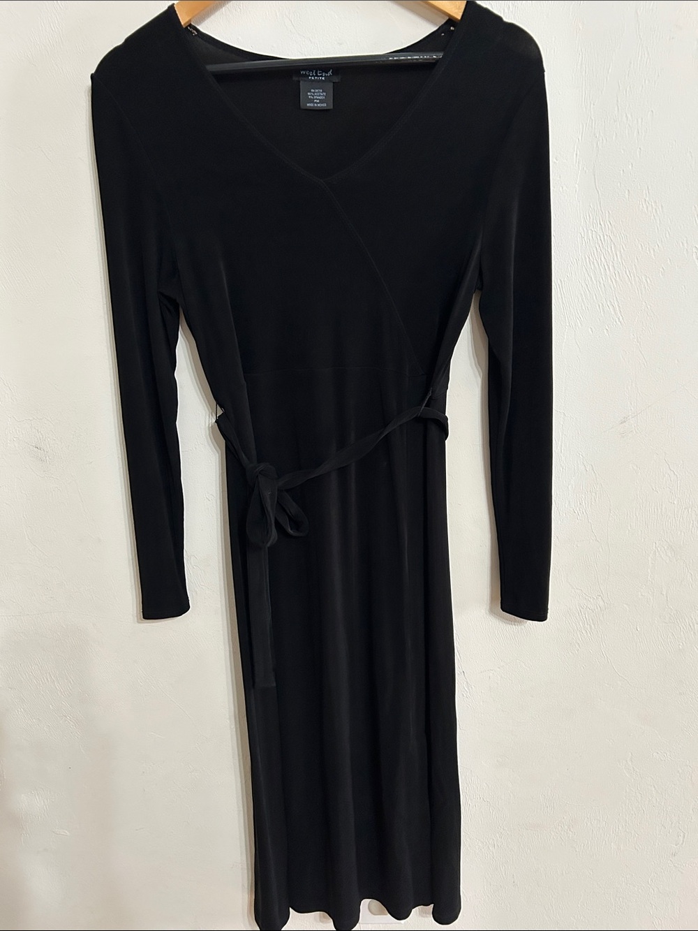 West End Petite Black Long-Sleeve Wrap Midi Dress with Waist Tie PM